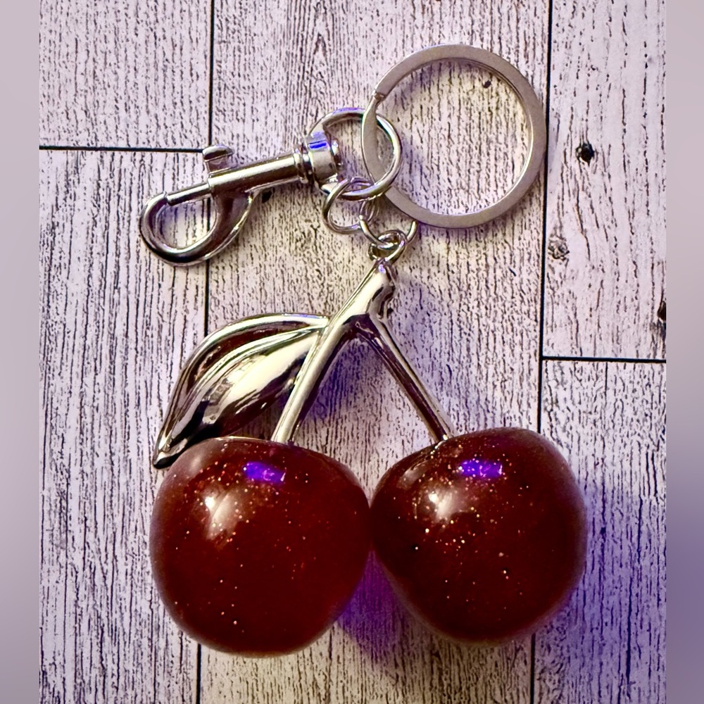 Silver and Red Sparkle Cherry Keychain Bag Purse Charm